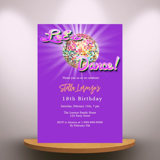 Invitation Danse Disco fête rose violet anniversaire