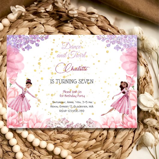 Invitation Danse et ballerine tourbillon anniversaire