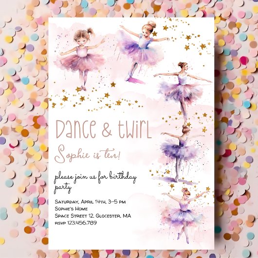 Invitation Danse et ballerine tourbillon anniversaire
