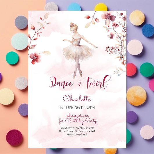 Invitation Danse et ballerine tourbillon anniversaire
