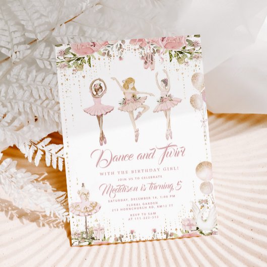 Invitation Danse et twil ballerine rose rousse fille annivers