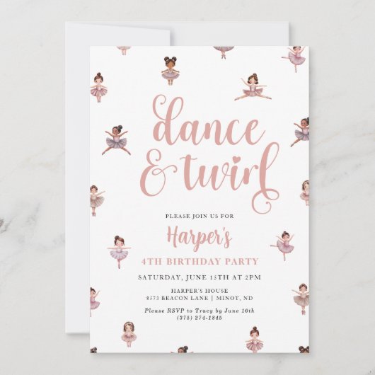 Invitation Danse Et Twirl Ballerina Anniversaire (Devant)