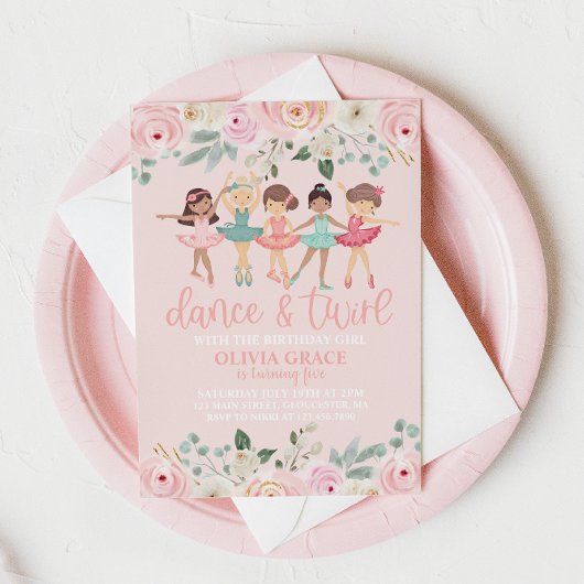 Invitation Danse et Twirl Floral Ballet Anniversaire