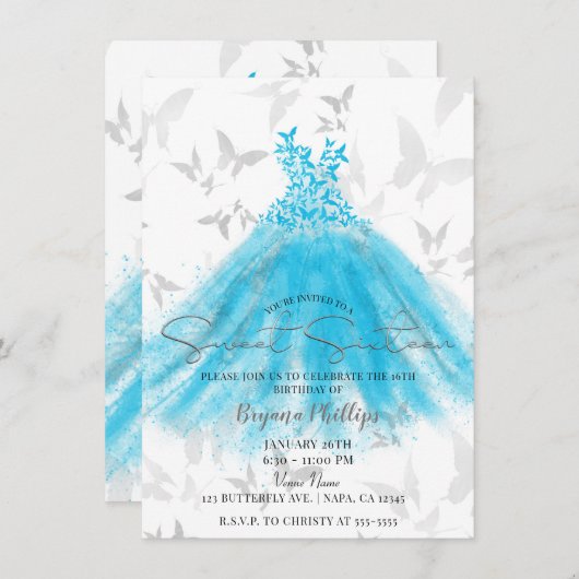 Invitation Danse papillon Aqua Robe Bleue Douce 16 Partie (Devant / Derrière)