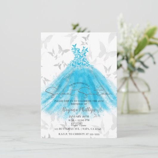 Invitation Danse papillon Aqua Robe Bleue Douce 16 Partie (Debout devant)