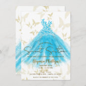 Invitation Danse papillon Aqua Robe Bleue Or Sweet 16 (Devant / Derrière)