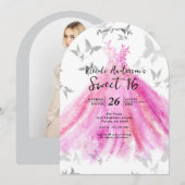 Invitation Danse Papillon Argent Rose Douzième Anniversaire (Devant / Derrière)