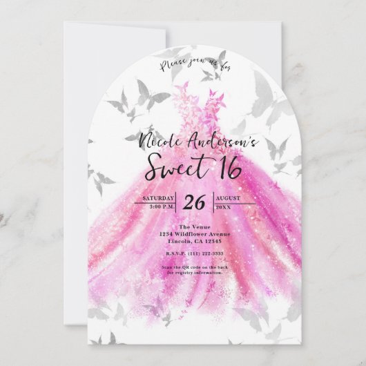 Invitation Danse Papillon Argent Rose Fête des 16 ans (Devant)