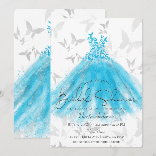 Invitation Danse Papillon Robe Aqua Bleu Shower de Mariage (Devant / Derrière)