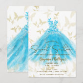 Invitation Danse Papillon Robe Bleu Aqua Or Sweet 16 (Devant / Derrière)