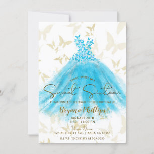 Invitation Danse Papillon Robe Bleu Aqua Or Sweet 16