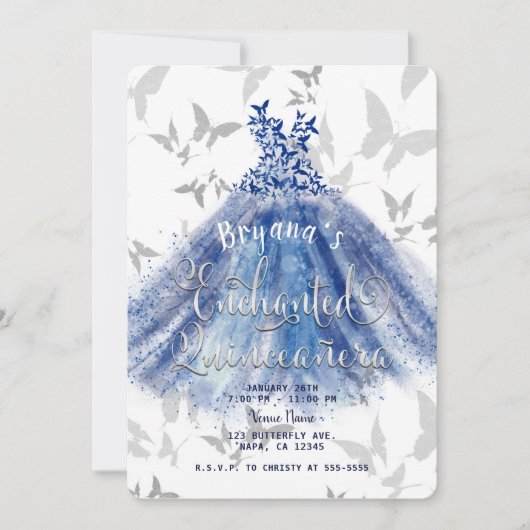 Invitation Danse Papillon Robe Bleue Argent 15 Quinceañera (Devant)