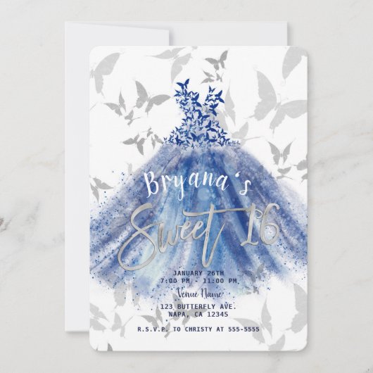 Invitation Danse Papillon Robe Bleue Argent Douze Ans (Devant)