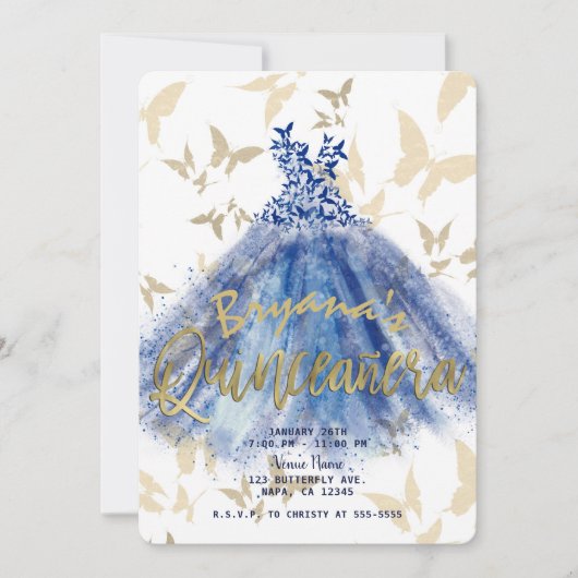 Invitation Danse papillon Robe bleue Or Quinceañera 15 (Devant)