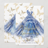 Invitation Danse Papillon Robe Bleue & Or Quinceañera 15 (Devant / Derrière)