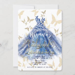 Invitation Danse Papillon Robe Bleue & Or Quinceañera 15