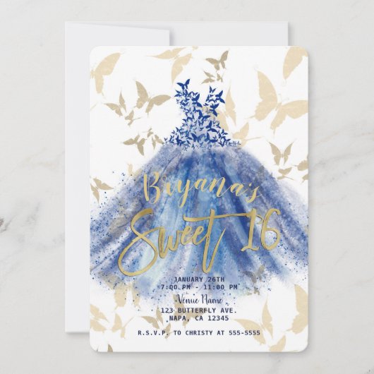 Invitation Danse Papillon Robe Bleue Or Sweet 16 (Devant)