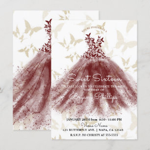 Invitation Danse Papillon Robe Bourgogne Or Fête Sweet 16