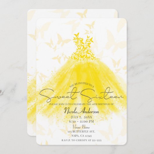 Invitation Danse papillon Robe Jaune Douce 16 Partie (Devant / Derrière)