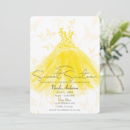 Invitation Danse papillon Robe Jaune Douce 16 Partie (Debout devant)