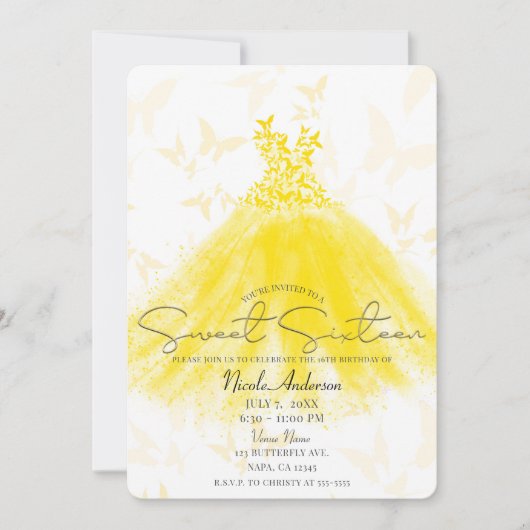 Invitation Danse Papillon Robe Jaune Fête Sweet 16 (Devant)