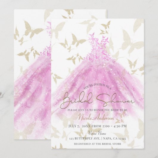 Invitation Danse Papillon Robe Rose Or Mariage Cérémonie de F (Devant / Derrière)
