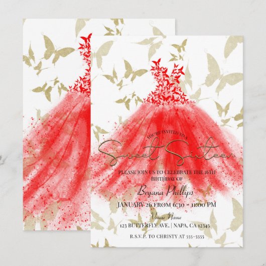 Invitation Danse Papillon Robe Rouge Or Fête Douce 16 Ans (Devant / Derrière)