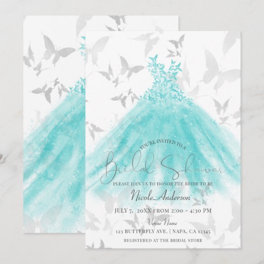 Invitation Danse Papillon Robe Turquoise Réception de Mariage (Devant / Derrière)