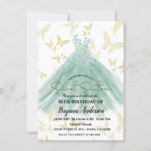 Invitation Danse Papillon Robe Verte Or Fête Douce 16 Ans Dan