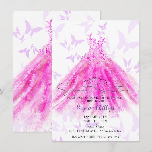 Invitation Danse Papillon Robe Violet Chaud Rose Foncé Sweet  (Devant / Derrière)