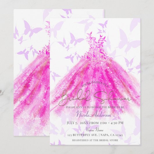 Invitation Danse Papillon Robe Violet Et Rose Mariage (Devant / Derrière)