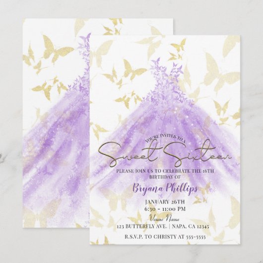 Invitation Danse Papillon Robe Violette Or Fête Douze Ans (Devant / Derrière)