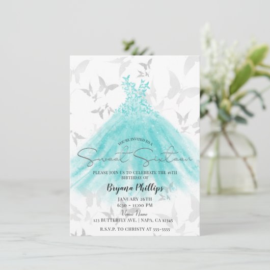 Invitation Danse papillon Turquoise Robe douce 16 Partie (Debout devant)