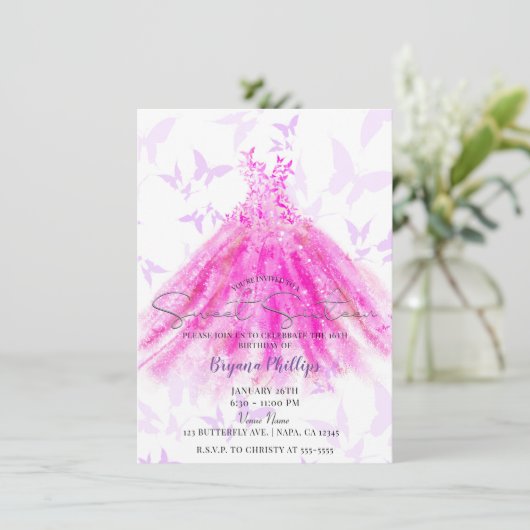 Invitation Danse papillon violet rosé chaud robe douce 16 (Debout devant)