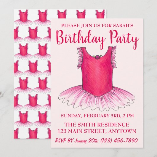 Invitation Danse rose Ballerina Tutu Ballet Anniversaire (Devant / Derrière)