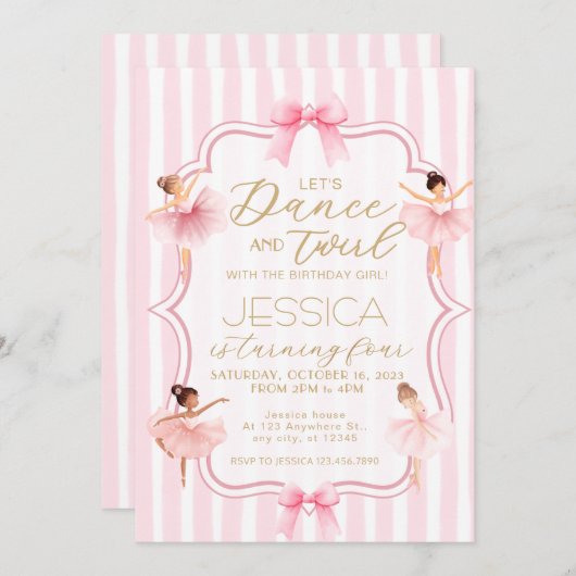 Invitation Danse & Twirl Rose Ballerina Ballet Anniversaire (Devant / Derrière)