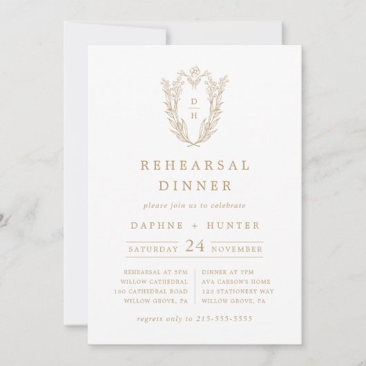 Invitation DAPHNE Crest Blanc Or Simple Répétition Dîner (Devant)