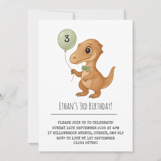 Invitation Dapper Brown Dino avec nœud papillon vert Annivers (Devant)