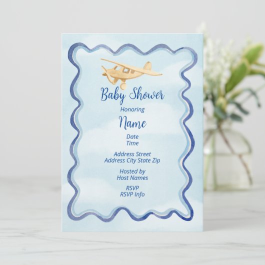Invitation d'aquarelle Baby shower d'avion (Debout devant)