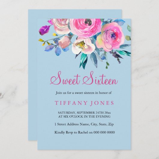 Invitation d'aquarelle douce 16 bleu et rose (Devant / Derrière)