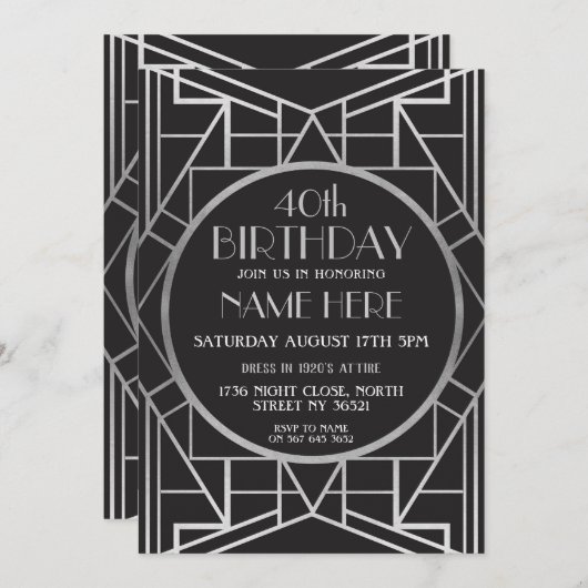invitation d'argent de Gatsby d'anniversaire d'art (Devant / Derrière)