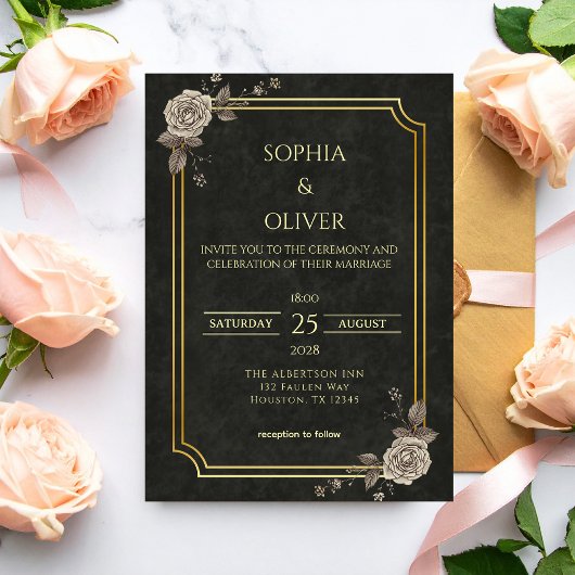 Invitation Dark Academia Gothic Black Gold Elegant Wedding