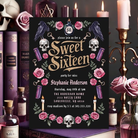 Invitation Dark Academia Gothic Gold Floral Sweet 16