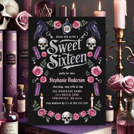 Invitation Dark Academia Gothique Argent Floral Sweet 16