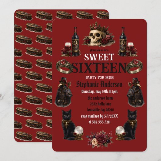 Invitation Dark Academia gothique Sweet 16 (Devant / Derrière)
