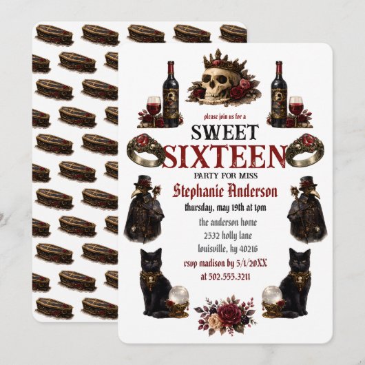 Invitation Dark Academia Gothique Sweet 16 (Devant / Derrière)