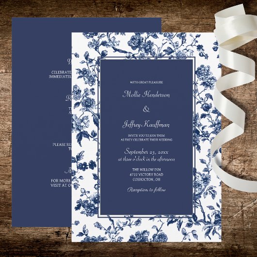 Invitation Dark Blue Floral Wedding 