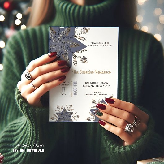 Invitation Dark Blue & Gold Midnight Sparkle Stars New Year