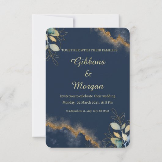 Invitation Dark Blue Gold Watercolor Wash Modern Wedding  (Devant)