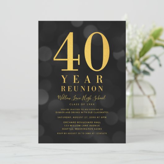 Invitation Dark Bokeh Lights 40 Année Classe Réunion (Debout devant)